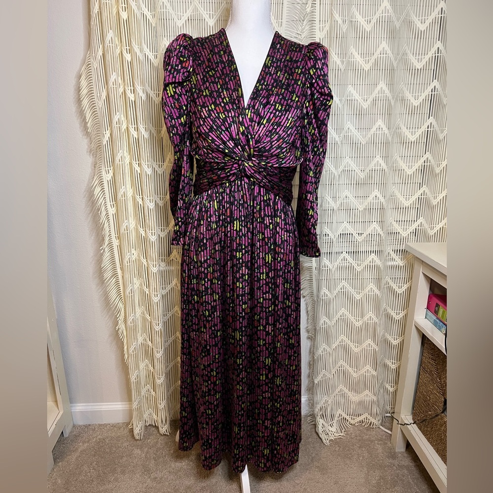 Kate Spade Floral Long Sleeve Maxi V Neck Dress Size 6 Pink Black